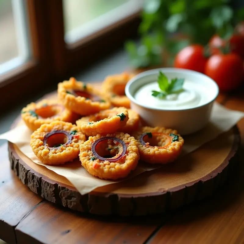 Bandeja de bhajias de cebolla y espinaca doradas y crujientes, apiladas con elegancia, sobre fondo rústico de madera. Se aprecian los anillos de cebolla morada y trozos de espinaca verdes asomando entre la masa dorada. Acompañadas de un bol pequeño con salsa de yogur vegano y cilantro fresco espolvoreado.
