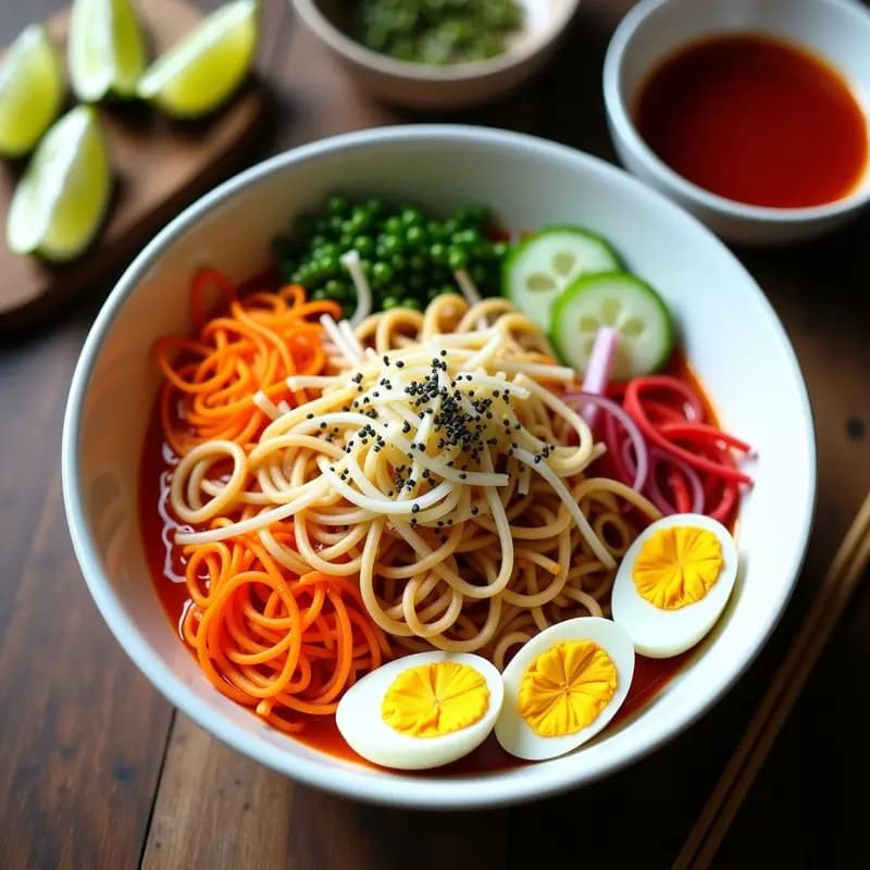 Bibim Naengmyeon con Tallarines de Arroz y Salsa de Gochujang: Ensalada Coreana Picante