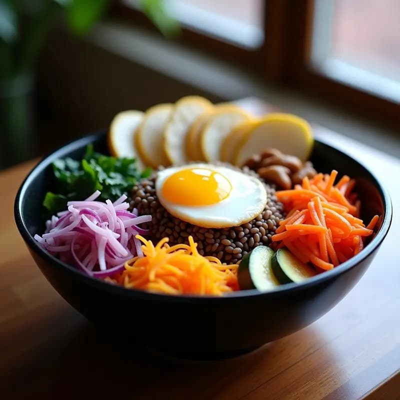 Bowl de cerámica negra con bibimbap de arroz salvaje oscuro en el centro, rodeado de vegetales salteados en secciones coloridas (espinacas verdes, zanahoria naranja, cebolla morada, calabacín amarillo y champiñones marrones). Encima, tres huevos de codorniz fritos con yema líquida y kimchi de rábanos blancos en trozos. Decorado con semillas de sésamo y salsa gochujang rociada. Receta coreana low-carb.
