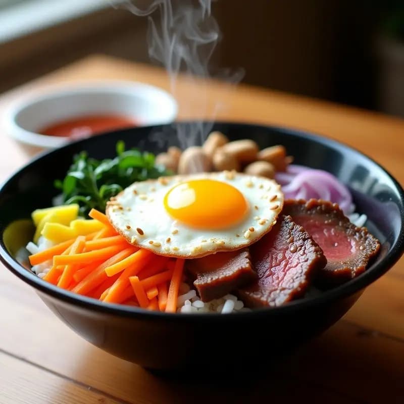 Plato colorido de bibimbap coreano con carne de res marinada, arroz blanco, vegetales salteados en juliana (zanahoria, calabacín, pimiento rojo) y huevo frito con yema líquida, decorado con semillas de sésamo y salsa gochujang al lado.
