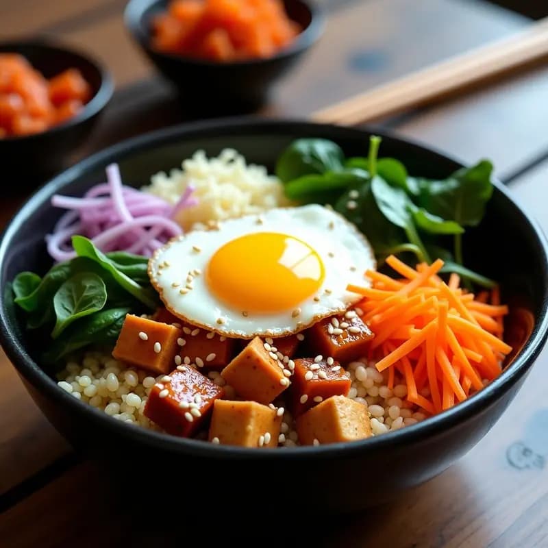 Bibimbap vegano y low-carb servido en un bol hondo de cerámica negra, con coliflor rallada como base, tofu dorado marinado, brotes de soja, zanahoria naranja, espinacas verdes y semillas de sésamo espolvoreadas, acompañado de salsa gochujang y huevo de lino.