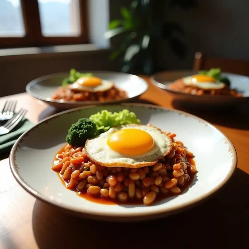 Bibimbap Coreano vegano y sin carbohidratos en bol hondo blanco, con base de coliflor rallada, champiñones portobello dorados, zanahoria, espinacas y brotes de soja. Corona de huevo frito con yema líquida, salsa gochujang roja y semillas de sésamo tostadas. Plato colorido y apetitoso.