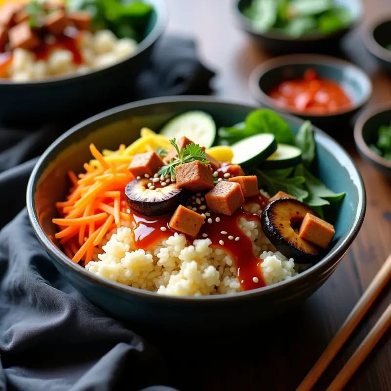 Bibimbap vegano y sin carbohidratos en bol hondo de cerámica, con arroz de coliflor como base, tofu dorado marinado, zanahoria, calabacín, espinacas y champiñones salteados, cubierto con salsa de gochujang y semillas de sésamo.