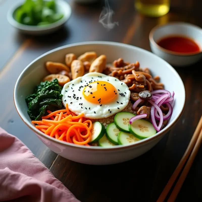 Bowl de cerámica negro con bibimbap coreano: arroz basmati blanco en la base, pollo dorado en tiras, zanahoria naranja, calabacín verde, espinacas, champiñones shiitake y huevo frito con yema líquida. Decorado con semillas de sésamo y salsa gochujang roja. Plato colorido y nutritivo con fondo de madera rústica.