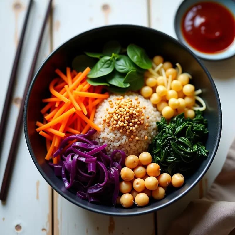 Bowl hondo de cerámica negra con bibimbap vegano: base de arroz integral, garbanzos tostados dorados, kimchi de col morada vibrante, zanahoria naranja, calabacín verde y espinacas. Aderezo rojo de gochujang y semillas de sésamo tostadas por encima.