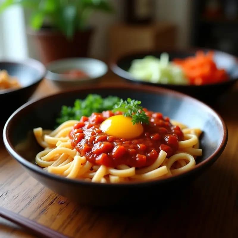 Bibimbap coreano bajo en calorías en bol hondo de cerámica negra, con arroz integral, tofu dorado crujiente, kimchi rojo vibrante, zanahorias encurtidas naranjas, espinacas verdes, huevo pochado con yema líquida, semillas de sésamo espolvoreadas y salsa gochujang al lado, servido con palillos.