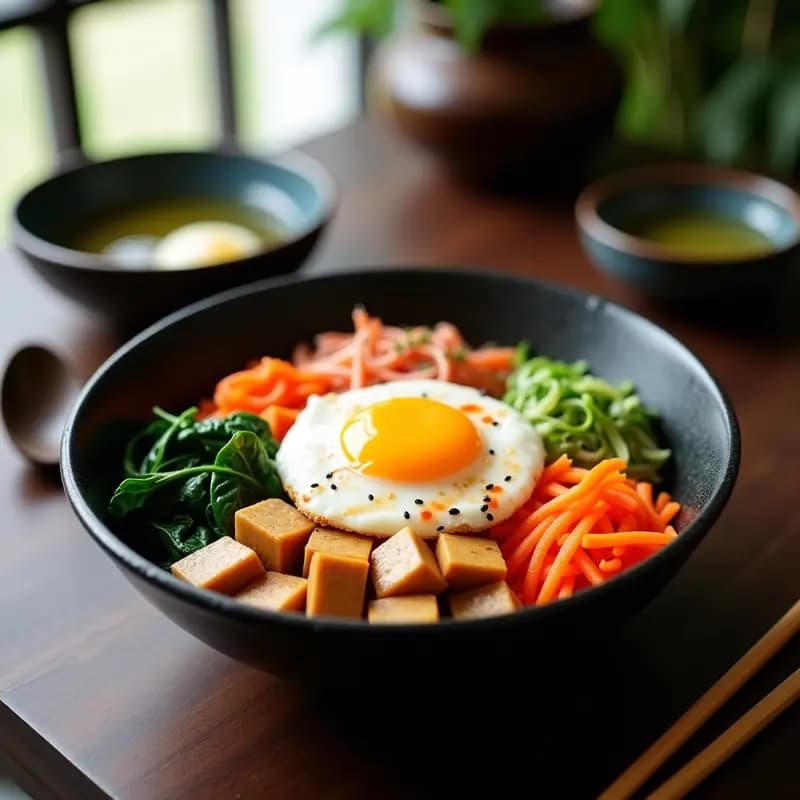 Bowl de cerámica negra con bibimbap coreano: arroz blanco brillante, kimchi de rábano daikon rosado, tofu ahumado dorado, espinacas verdes, zanahorias naranjas, huevo escalfado con yema líquida y semillas de sésamo. Plato único equilibrado con aderezo rojo de gochujang.