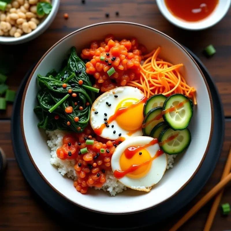 Bowl colorido de Bibimbap Coreano con Kimchi y Huevos Fritos veganos, arroz integral, verduras salteadas vibrantes y semillas de sésamo negro, servido con aderezo de gochujang al lado.