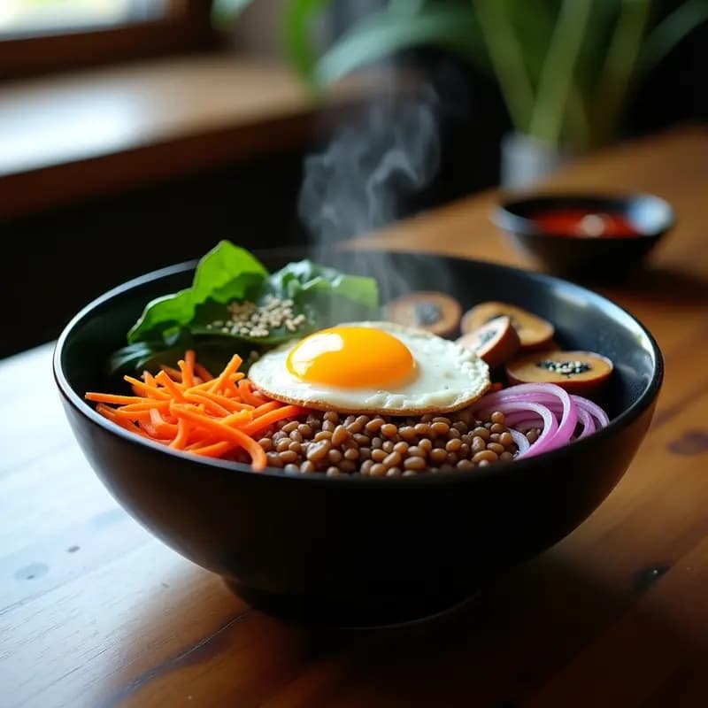Bibimbap de Lentejas con Huevo Poché y Gochujang: Receta Coreana Vegana en Bowl