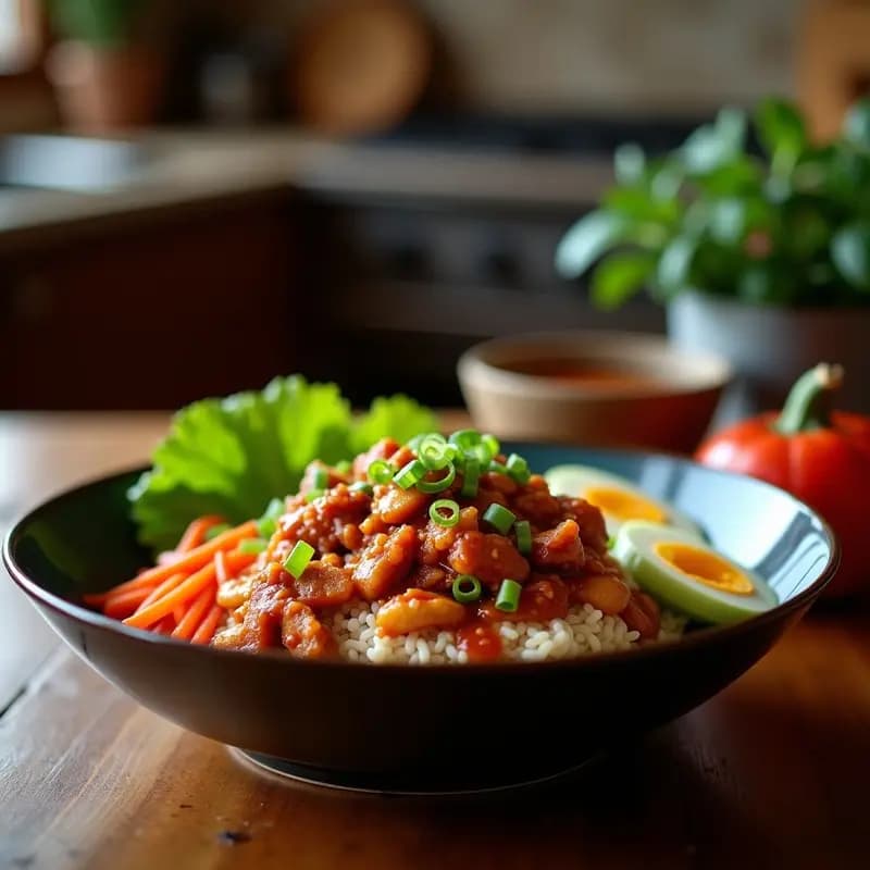 Bowl de bibimbap coreano con pollo teriyaki en airfryer, arroz jazmín blanco, vegetales coloridos salteados, huevo frito con yema líquida y semillas de sésamo espolvoreadas. Presentación vibrante y apetecible.