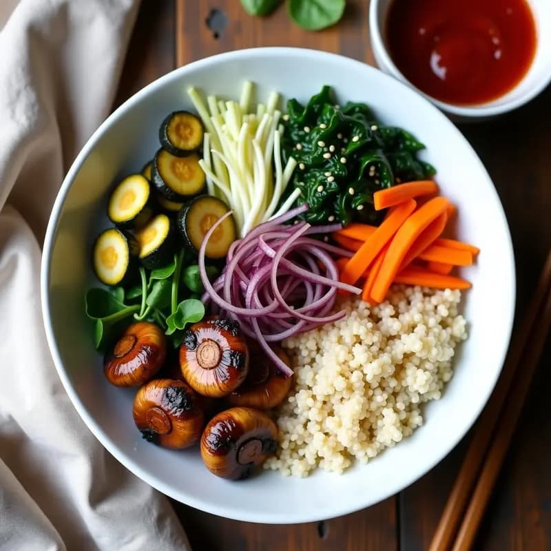 Bowl hondo de cerámica negra con bibimbap vegano: quinoa tricolor en la base, secciones coloridas de calabacín japonés, zanahoria morada, setas shiitake, espinacas y kimchi. Aderezado con salsa gochujang roja y espolvoreado con sésamo negro. Algas nori en tiras decorando el borde.