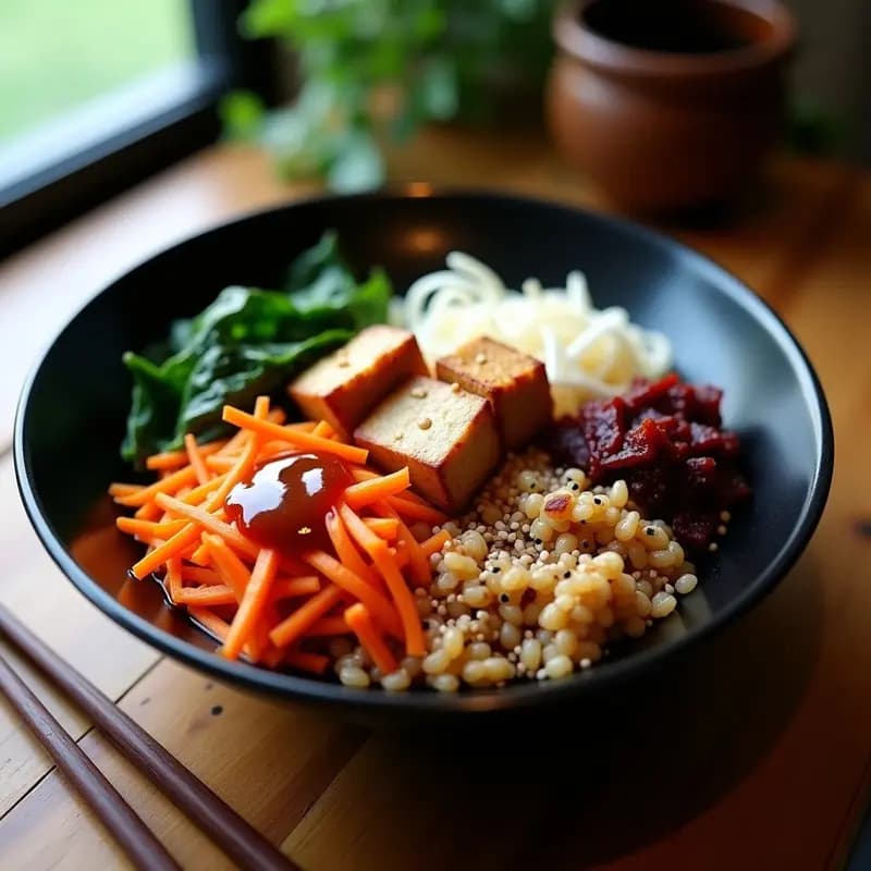 Bibimbap vegano coreano en bol negro con arroz salteado dorado, tofu crujiente dorado, kimchi rojo vibrante, zanahoria juliana naranja, espinacas verdes y salsa gochujang espesa. Decorado con semillas de sésamo y cebollino picado, receta en wok.