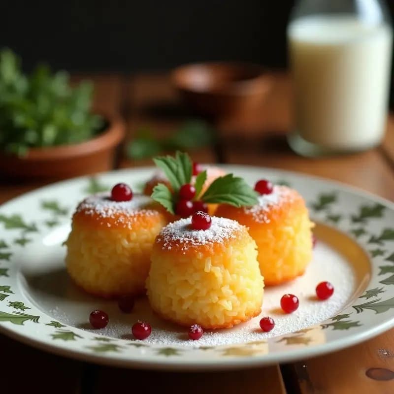 Bibingka de arroz y coco dorada en airfryer, con queso edam gratinado y coco rallado, servida en molde de silicona sobre hojas de plátano, postre filipino navideño.