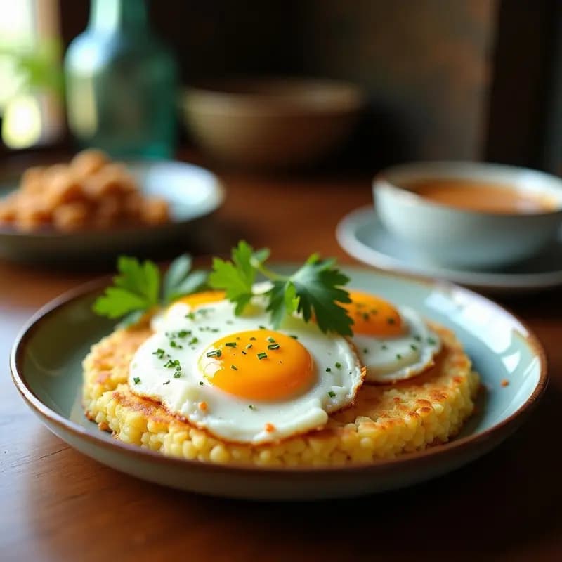 Bibingka Filipina de arroz glutinoso y coco con huevo saltado en hoja de plátano, desayuno dulce-salado con yemas líquidas, cebolla morada y coco rallado tostado.