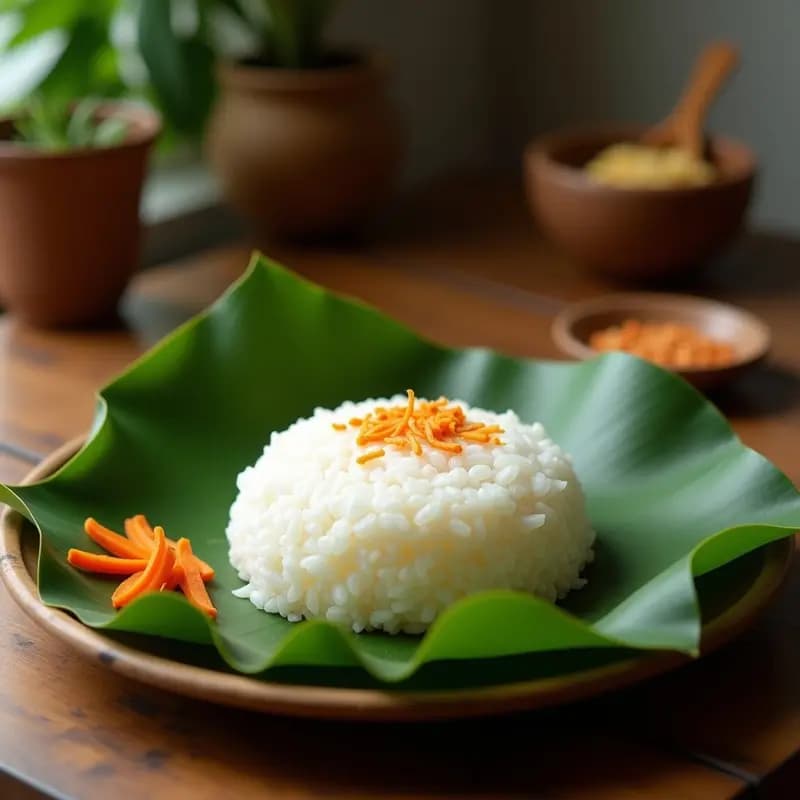 Bibingka filipina de arroz glutinoso y coco servida en hoja de plátano, con superficie dorada y espolvoreada de coco rallado y queso edam, sobre fondo rústico de madera.