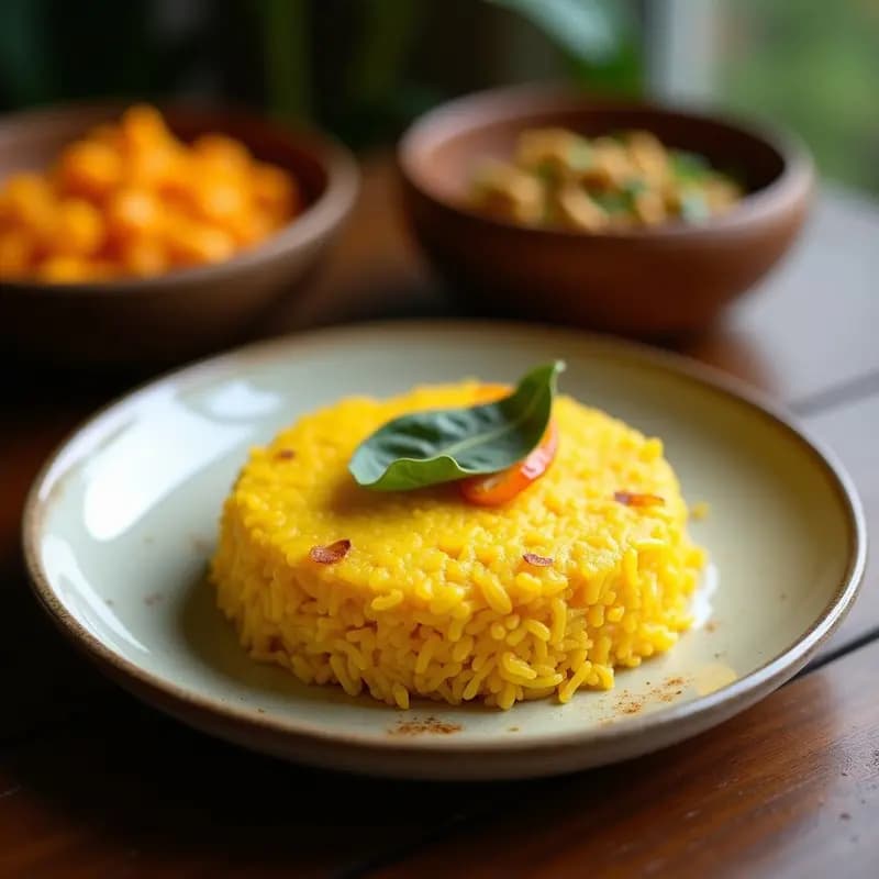 Bibingka de arroz glutinoso con cúrcuma y coco servida en moldes individuales de barro, con un dorado intenso por la cúrcuma y espolvoreada con coco rallado y semillas de sésamo negro. Postre filipino vegano y sin gluten al vapor, presentada sobre hojas de plátano.