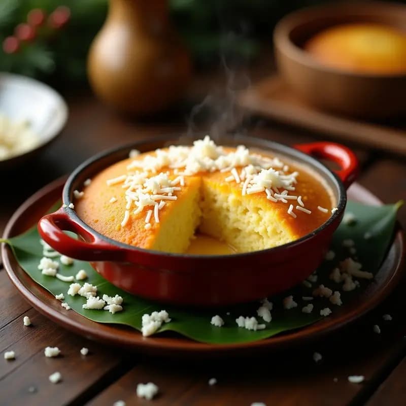 Bibingka filipina de arroz glutinoso y queso en olla de cocción lenta, con topping dorado de queso Edam fundido y coco rallado, servida en hoja de plátano sobre mesa rústica de madera.