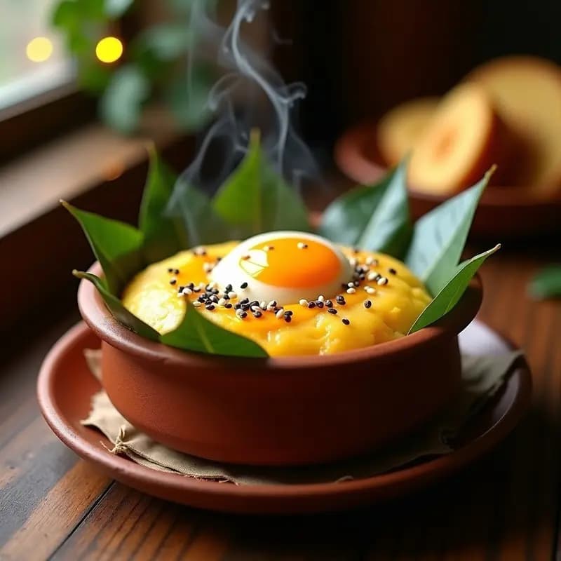 Bibingka de arroz glutinoso y huevo salado en olla de barro rústica, con superficie dorada y rodajas de huevo salado de pato, decorada con semillas de sésamo negro y hojas de plátano. Postre filipino navideño tradicional.