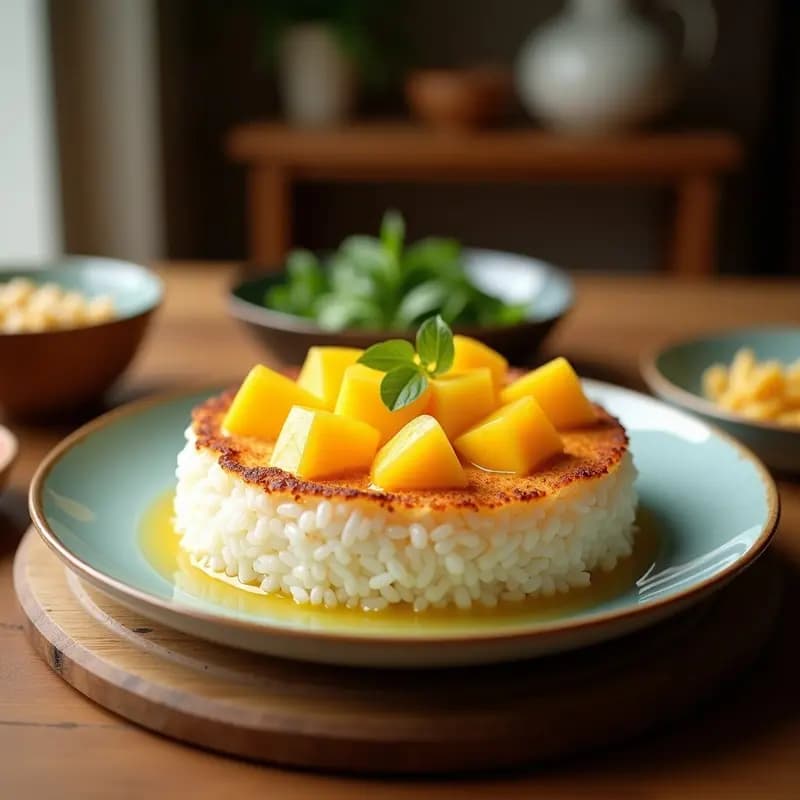 Bibingka de harina de coco y mango keto en molde rectangular, dorada y esponjosa, con trozos de mango y nueces de macadamia por encima, servida en porciones sobre papel de horno rústico.