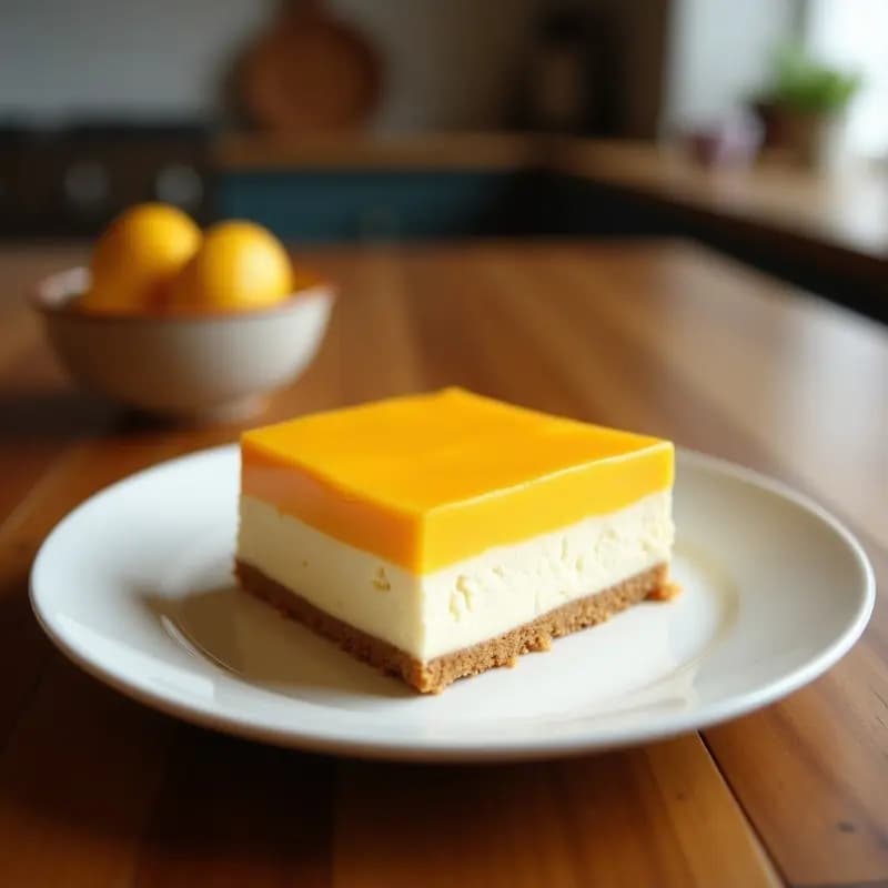 Bibingka de Coco y Mango en molde rectangular, con topping cremoso de queso vegano y trozos de mango fresco, decorada con coco rallado. Postre filipino sin harina sobre hoja de banano.
