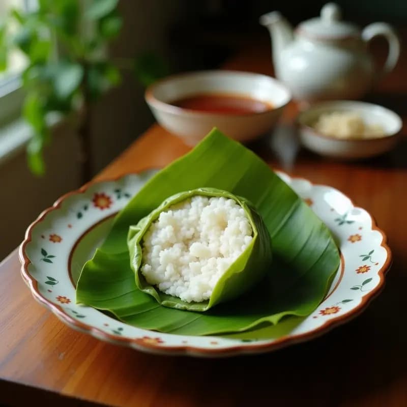 Bibingka de coco y pandan sin harina servida en hoja de plátano verde, con textura esponjosa dorada, semillas de sésamo negro y virutas de coco tostado. Plato tradicional filipino vegano y sin gluten.