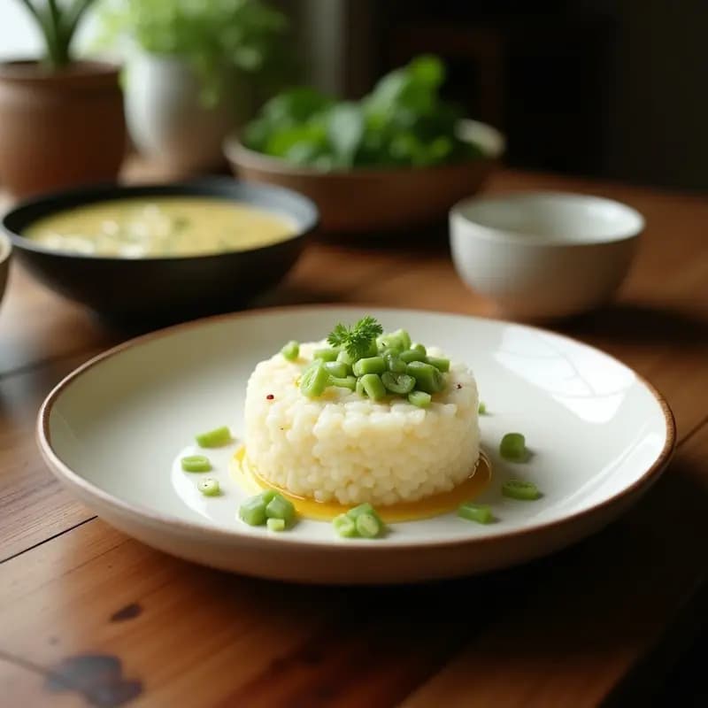 Bibingka de Coco y Pandan cortada en cuadrados dorados, con textura esponjosa y trozos de coco rallado tostado por encima. Postre filipino sin gluten y baja en calorías, servido en un plato blanco sobre fondo de madera rústica.