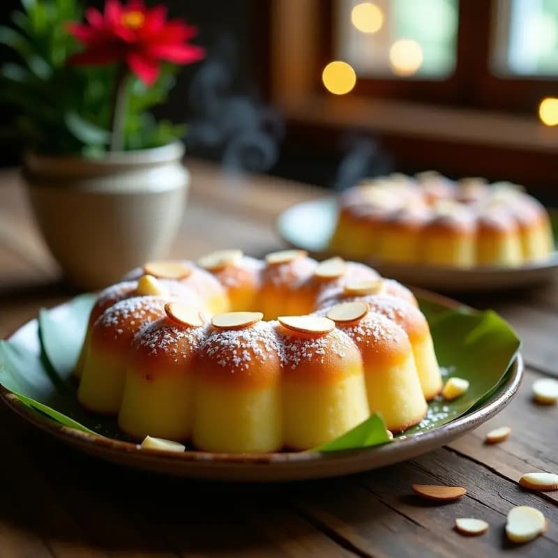 Bibingka Filipina de Coconut Flour keto y sin gluten, horneada en molde con hojas de plátano, dorada por fuera y esponjosa por dentro, decorada con queso crema, coco rallado y almendras fileteadas.