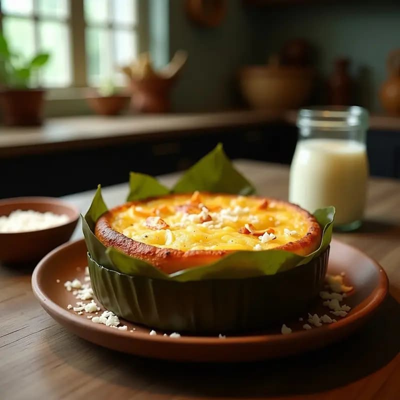 Bibingka de coconut y queso de búfala en molde de barro, dorada y esponjosa, con trozos de queso fundido asomando entre una textura húmeda. Decorada con coco rallado tostado y servida en plato de madera rústica, receta filipina tradicional al horno.