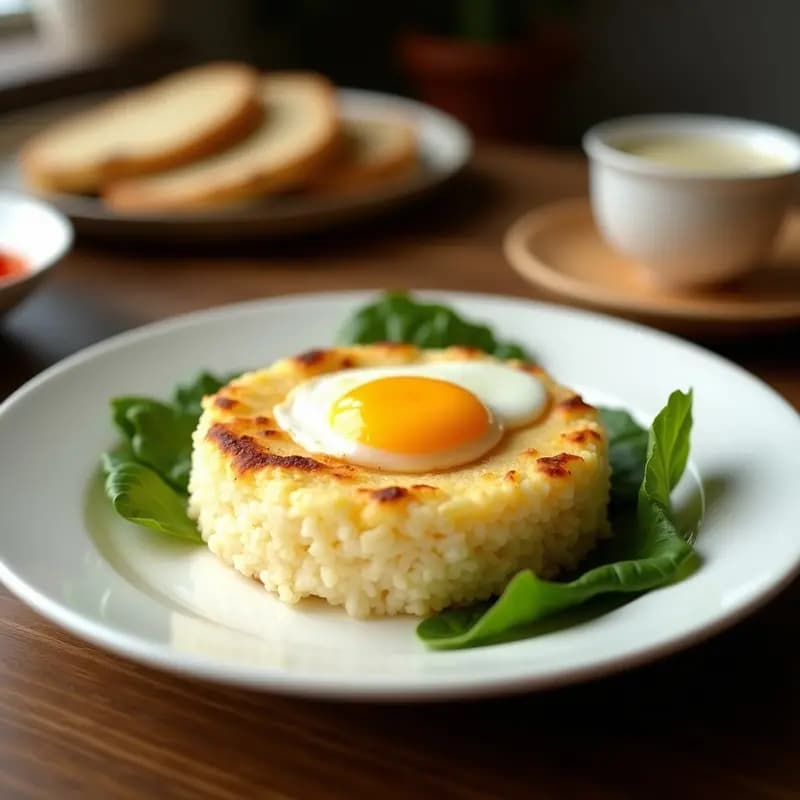 Bibingka Filipina en molde rectangular, pastel dorado de arroz y coco con queso derretido en la superficie, servido en hoja de plátano.