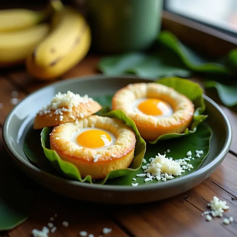Bibingka filipina sin gluten en molde individual, con harina de arroz y huevo de codorniz cuajado en el centro, espolvoreada con coco rallado y queso edam. Textura esponjosa y dorada, servida sobre hoja de plátano.