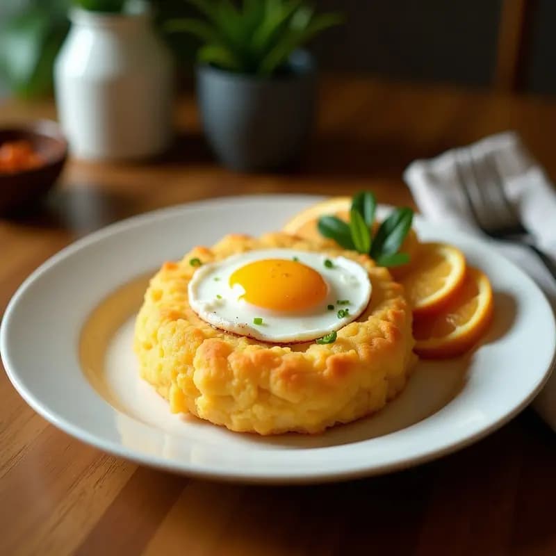 Bibingka de harina de coco y huevos en airfryer, postre filipino sin gluten, dorada y esponjosa con coco rallado en superficie, servida en molde de silicona sobre fondo rústico de madera.