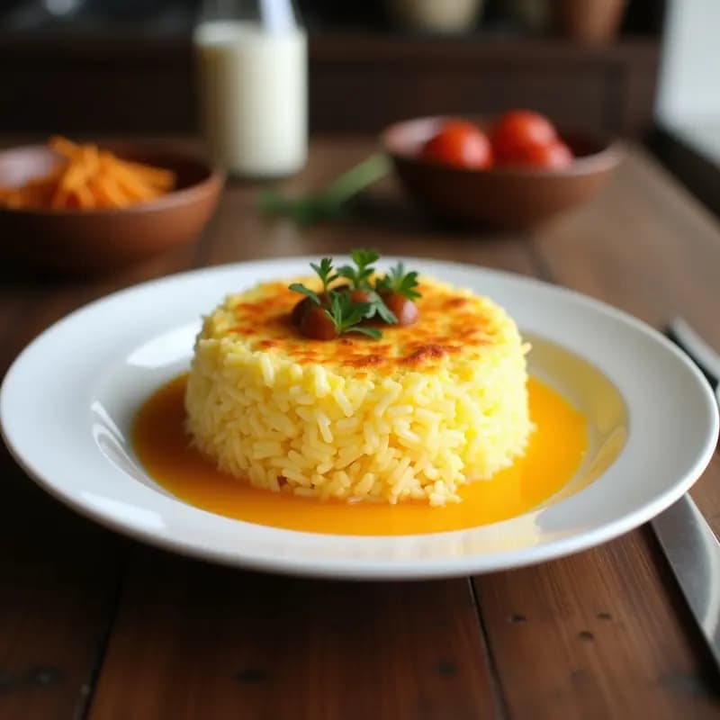 Bibingka filipina con queso de coco y huevo servida en cazuela de barro, con capas doradas, espolvoreada con queso de coco rallado y semillas de sésamo, sobre fondo rústico de madera.