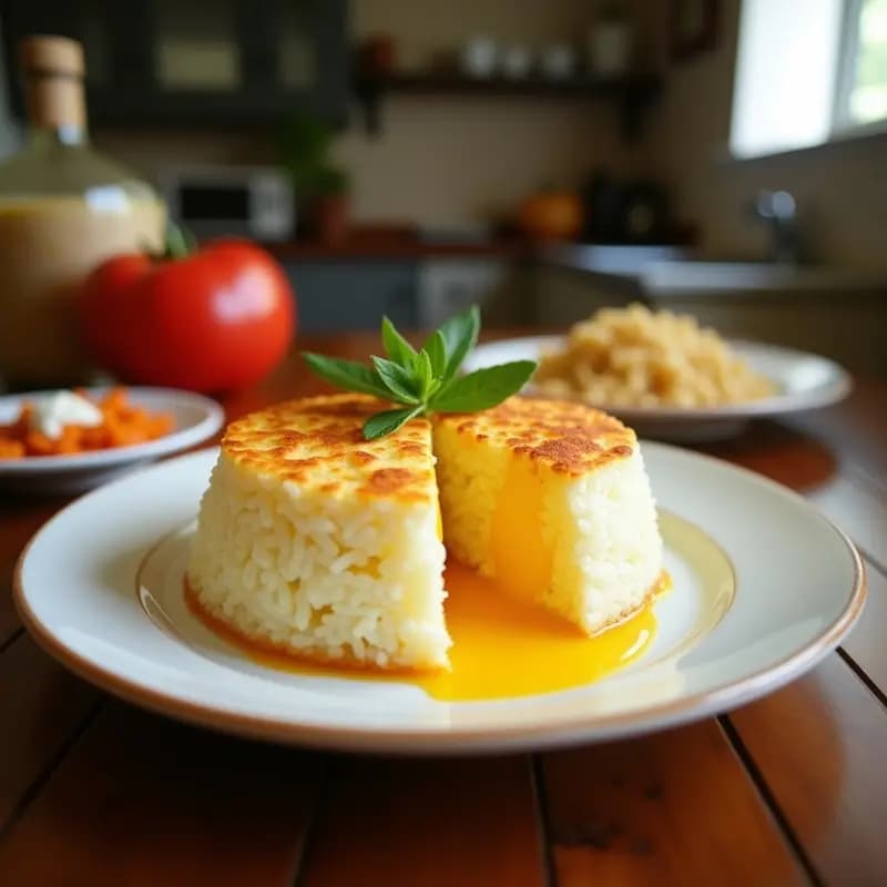 Bibingka filipina dorada con trozos de queso de coco fundido en un molde rectangular, servida en porciones sobre hojas de plátano, postre tradicional sin harina.