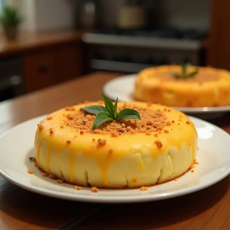 Bibingka filipina con queso de coco en molde cuadrado, dorada por fuera y esponjosa por dentro, espolvoreada con coco rallado y queso de coco vegano, servida en porciones sobre hoja de plátano, receta navideña sin gluten y sin lácteos.