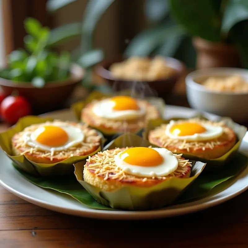 Bibingka filipina dorada en molde pequeño de airfryer, con queso Edam derretido y trozos de huevo salado amarillo, servida sobre hoja de plátano. Plato tradicional filipino con textura esponjosa y bordes crujientes.