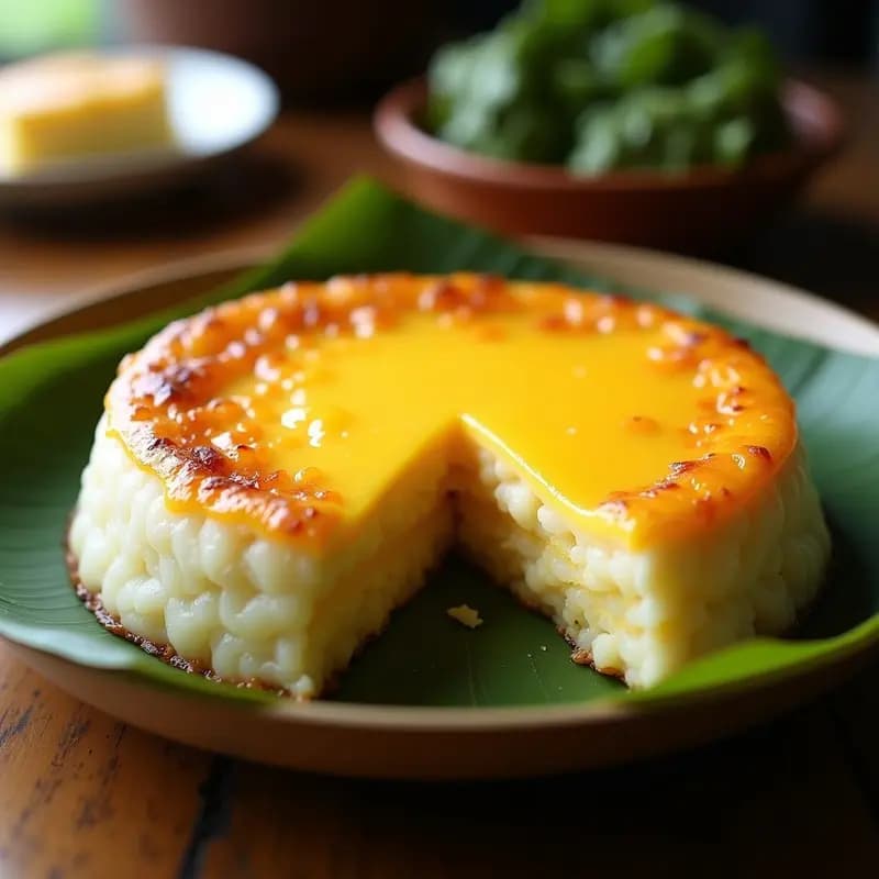 Bibingka de queso y huevo filipina en molde redondo, con capa dorada de huevo cuajado y queso edam gratinado, servida en porciones sobre hojas de plátano, postre tradicional de arroz glutinoso al horno.