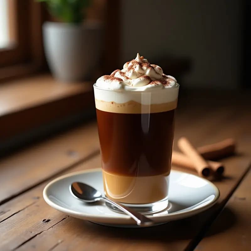 Bicerin Turín servido en copa transparente alta con capas definidas de café espresso oscuro en la base, chocolate negro brillante en el medio y nata montada cremosa en la parte superior, espolvoreado con canela en polvo y decorado con virutas de chocolate, sobre una mesa rústica de madera con fondo borroso de cocina italiana.