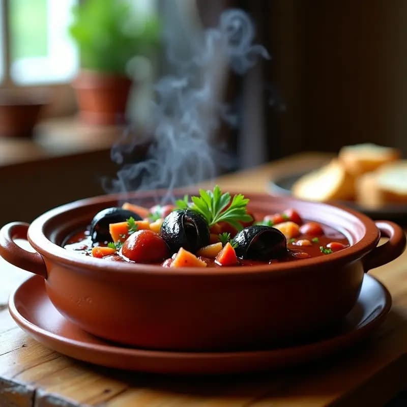 Cazuela de barro humeante con guiso portugués de bígaros al vino tinto, chorizo en rodajas y almejas abiertas, decorado con perejil fresco y servido con pan rústico.