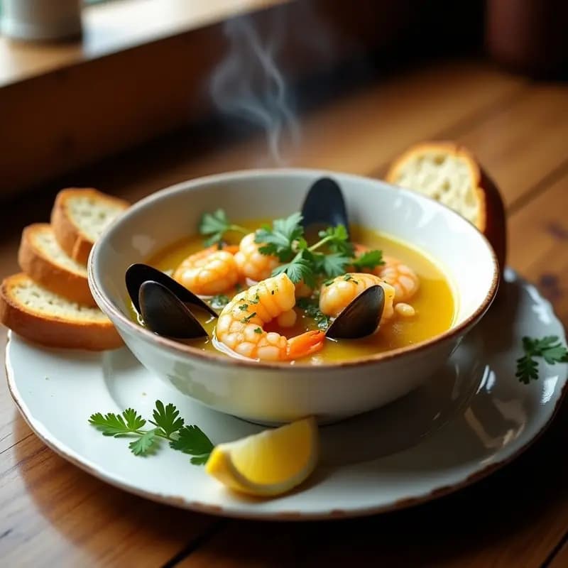 Cuenco hondo de cerámica blanca con bígo de mariscos y limón, sopa portuguesa con gambas, mejillones y caldo dorado aromatizado con cilantro. Acompañado de rebanadas de pan rústico tostado y rodaja de limón al lado. Fondos de cocina rústica con luz natural.