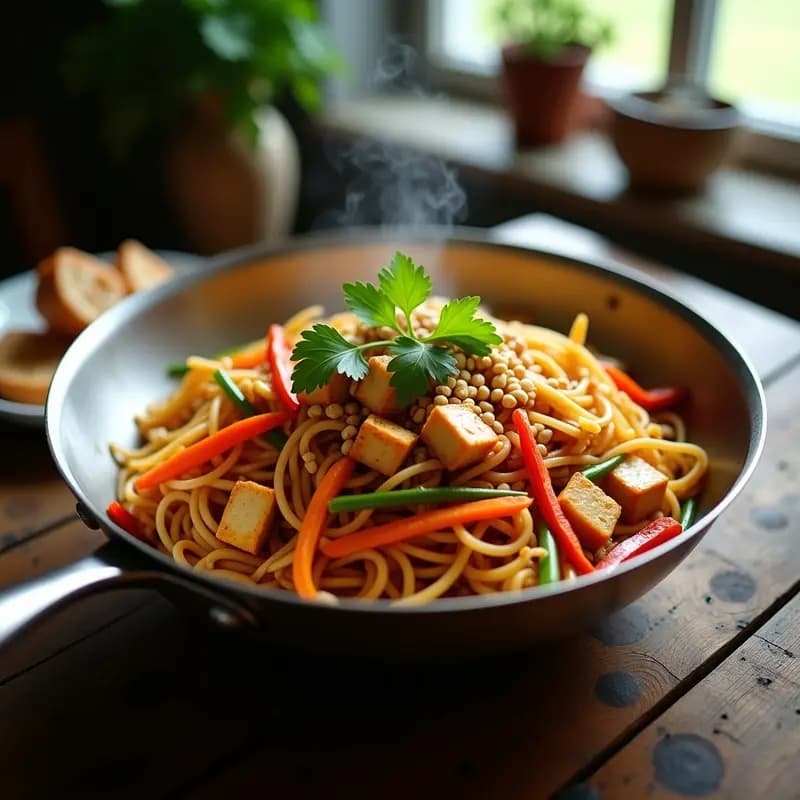 Wok de acero inoxidable con Bihun Goreng vegano: fideos de arroz dorados salteados con tofu marinado en cúrcuma, zanahoria, pimiento rojo y brotes de soja, bañados en una salsa cremosa de tamarindo y cacahuete, decorado con cilantro fresco y cacahuetes tostados. Plato colorido y vibrante de cocina indonesia.