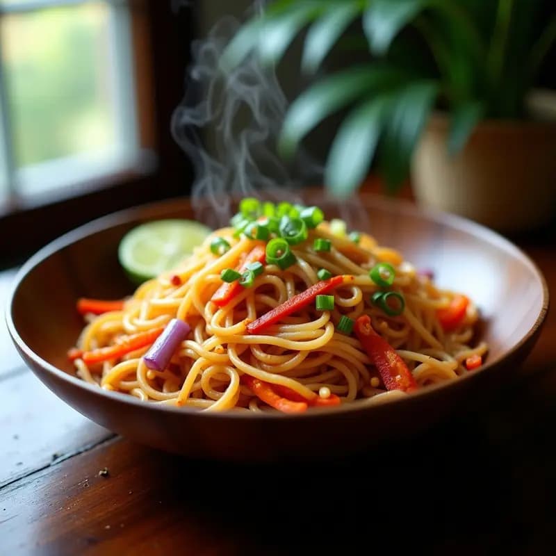 Plato colorido de bihun goreng indonesio vegano con fideos de arroz salteados, huevos en hebras doradas, zanahoria, pimiento rojo y brotes de soja, decorado con cebollino fresco y rodaja de limón sobre fondo de madera rústica.