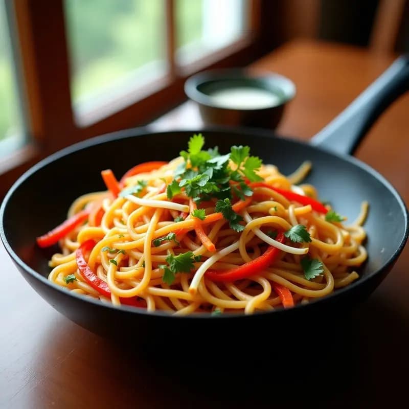 Plato de Bihun Goreng con fideos de arroz salteados, huevo revuelto esponjoso, zanahoria, pimiento rojo y brotes de soja, decorado con cilantro fresco y un toque de salsa oscura, servido en un wok negro.