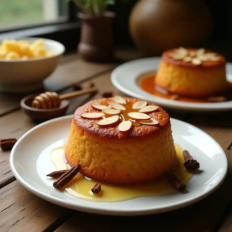 Bika Ambon indonesia en molde redondo dorado, bizcocho esponjoso de miel y especias con almendras tostadas por encima, servido en plato de cerámica blanca con fondo rústico.
