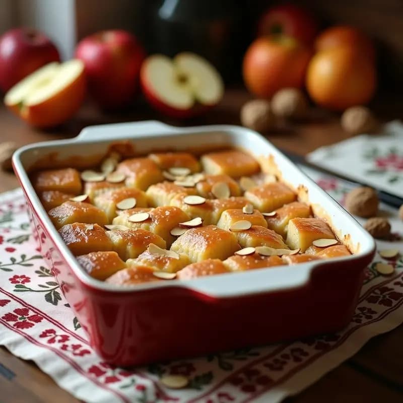 Bikalva húngaro tradicional en molde rectangular, con capas doradas de masa filó sin gluten, relleno de manzana y nueces picadas, cortado en porciones cuadradas sobre fondo rústico de madera.
