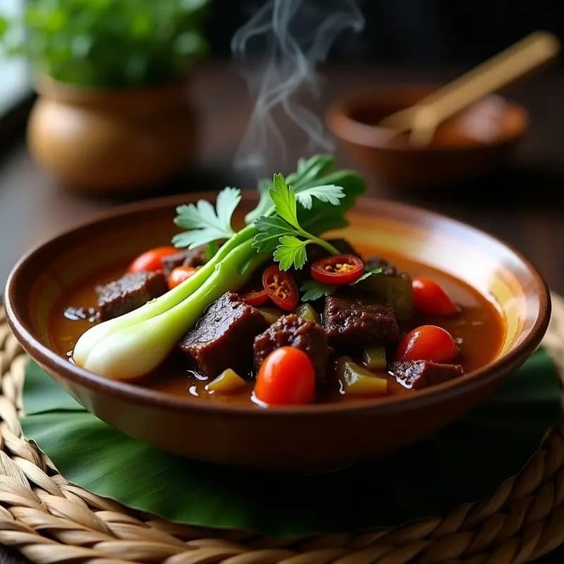 Estofado filipino bilineas en bowl de barro, con trozos de carne de res tierna, ñame morado y col china, bañado en salsa oscura y espesa, decorado con rodajas de chile rojo y hojas de cilantro fresco.