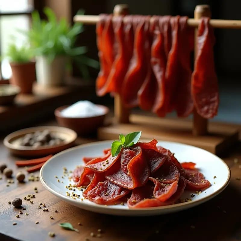 Tiras finas de biltong de ternera con especias suafricanas, de color marrón oscuro y textura ligeramente fibrosa, dispuestas en un tablero de madera rústico con semillas de coriandro y pimienta negra esparcidas. Snack alta en proteína y sin carbohidratos.