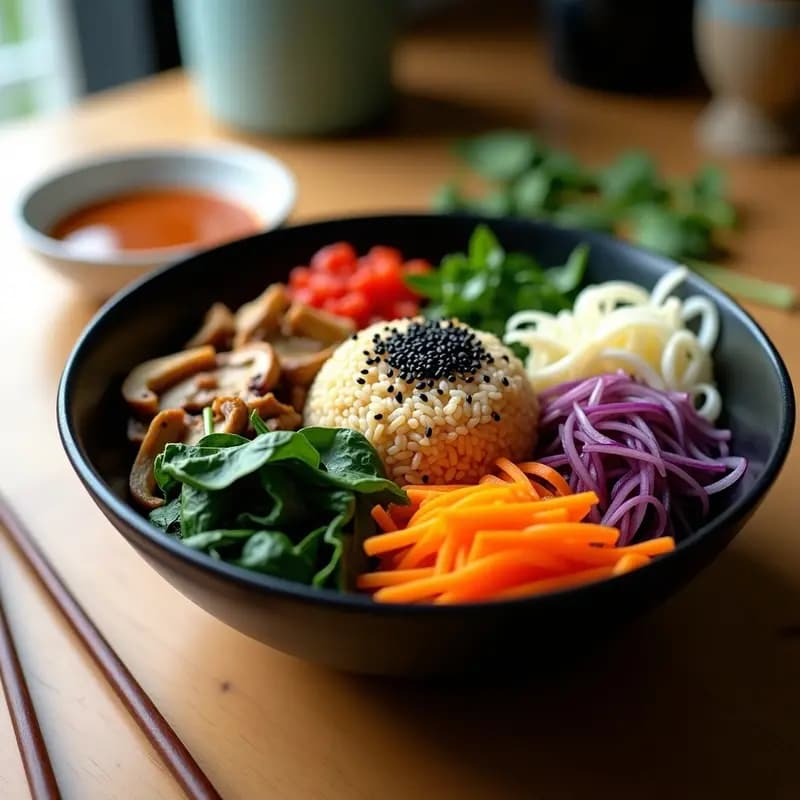 Bol hondo de cerámica negra con bimbimbap vegano: arroz integral como base, rodeado de zanahoria asada en juliana, calabacín en medias lunas, champiñones portobello dorados, espinacas salteadas y brotes de soja. Decorado con semillas de sésamo negro y tiras de alga nori, acompañado de salsa gochujang vegana en un cuenco pequeño. Fondos neutros y luz natural para resaltar los colores vibrantes del plato.