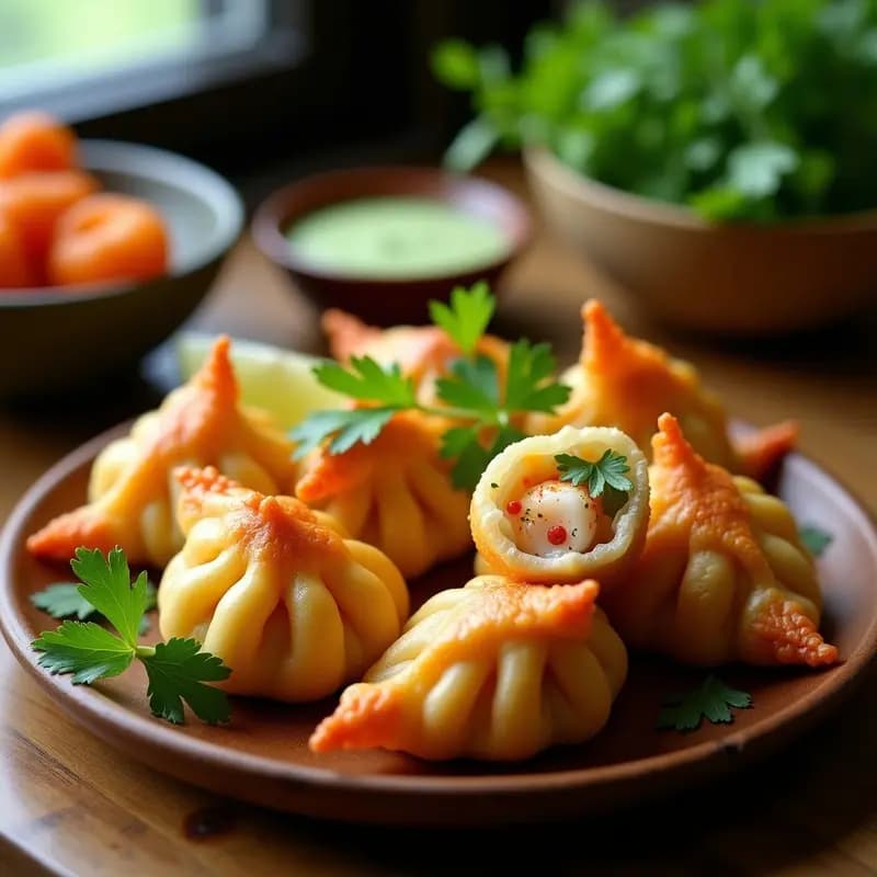 Binh Danh de camarones y pan de yuca crujientes en airfryer, empanadas vietnamitas doradas con relleno jugoso, servidas en plato de madera con hierbas frescas y salsa de limón.