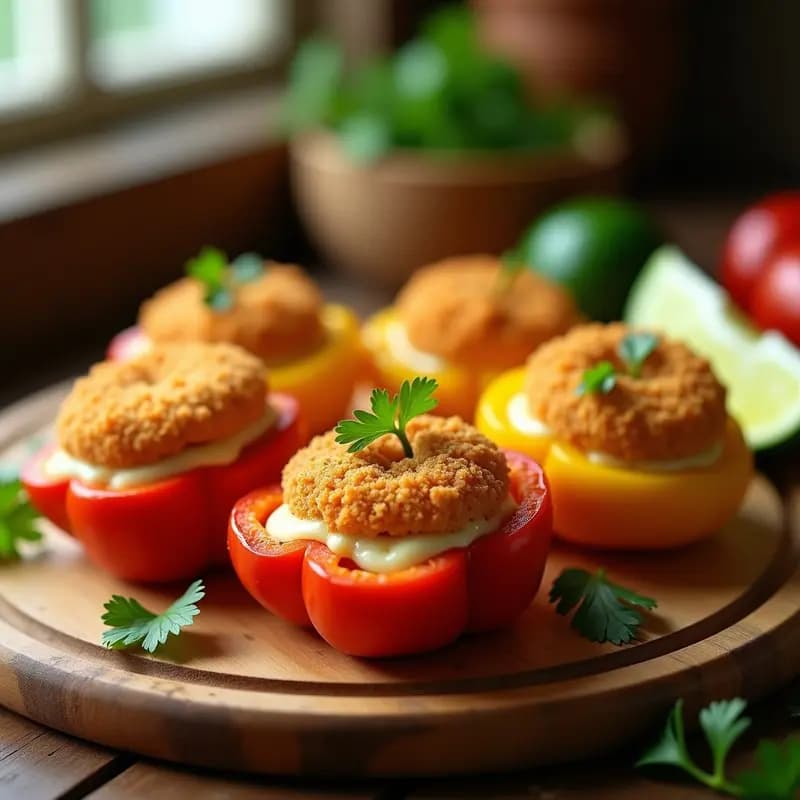 Biquinho Recheado com Frango e Catupiry en Airfryer: pimientos biquinho dorados y crujientes rellenos de pollo desmenuzado y queso Catupiry cremoso, servidos en una bandeja de madera con hierbas frescas.