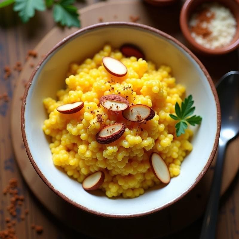Plato hondo de cerámica blanca con birinji de coliflor dorado por el azafrán, espolvoreado con almendras fileteadas tostadas y decorado con hebras de azafrán. Receta persa low-carb en Thermomix.